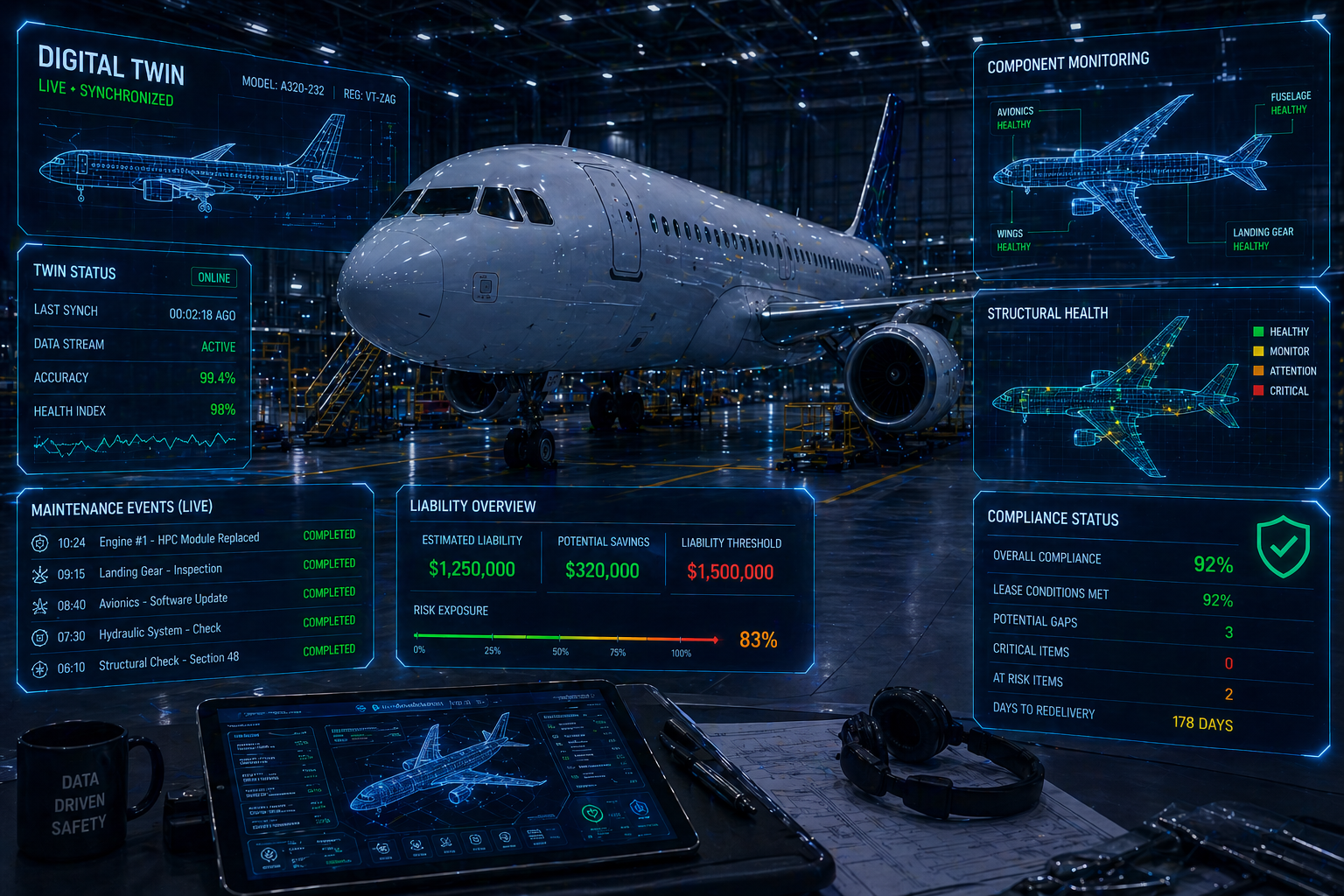 Commercial aircraft in flight representing digital twin modelling