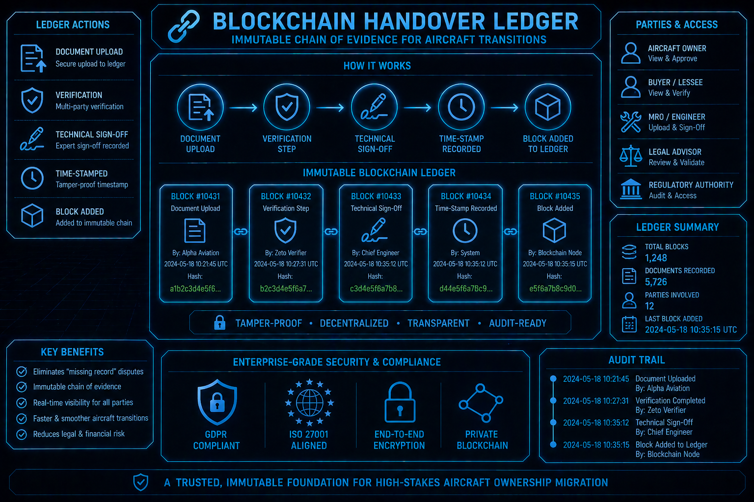 Blockchain technology providing immutable audit trails for aviation handovers
